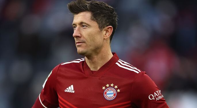 MUNICH, GERMANY - FEBRUARY 20: Robert Lewandowski of FC Bayern München looks on during the Bundesliga match between FC Bayern München and SpVgg Greuther Fürth at Allianz Arena on February 20, 2022 in Munich, Germany. (Photo by Alexander Hassenstein/Getty Images)