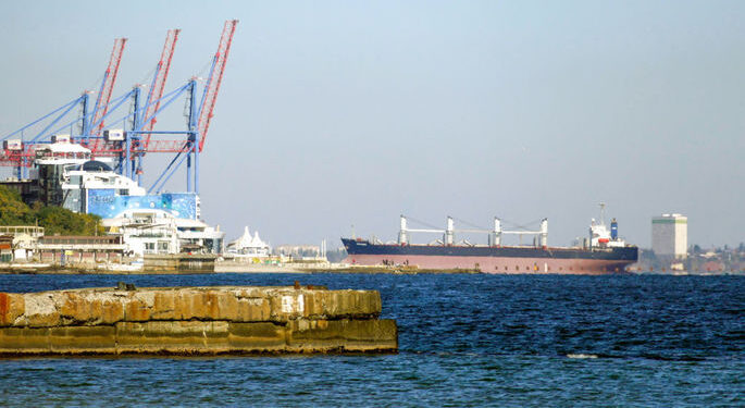 ODESA, UKRAINE - OCTOBER 21, 2022 - One of the bulk carriers that entered the port of Odesa under the "grain initiative", Odesa, southern Ukraine. (Photo credit should read Yulii Zozulia / Ukrinform/Future Publishing via Getty Images)